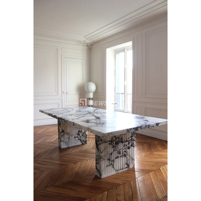 Newstar Luxury Customized Natural Stone Furniture High Quality Calacatta Viola Rectangle Marble Dining Table with Fluted Base