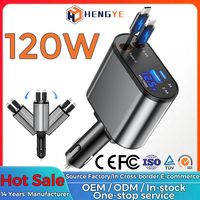 Charger Mobil GaN 4 in 1 dengan Layar LED 120W Tipe A+C 2 Port Pengisian Cepat 3A PD QC3.0 Kabel Retraktil Ganda