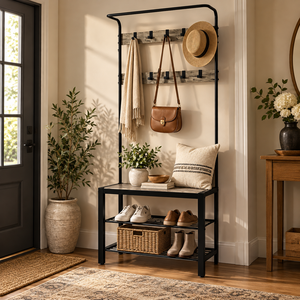 Industrial Hall Tree <b>Coat</b> <b>Rack</b> with Shoe Storage Bench 3-Tier Multifunctional Entryway Organizer Walnut Finish Steel Frame - Product Image 5