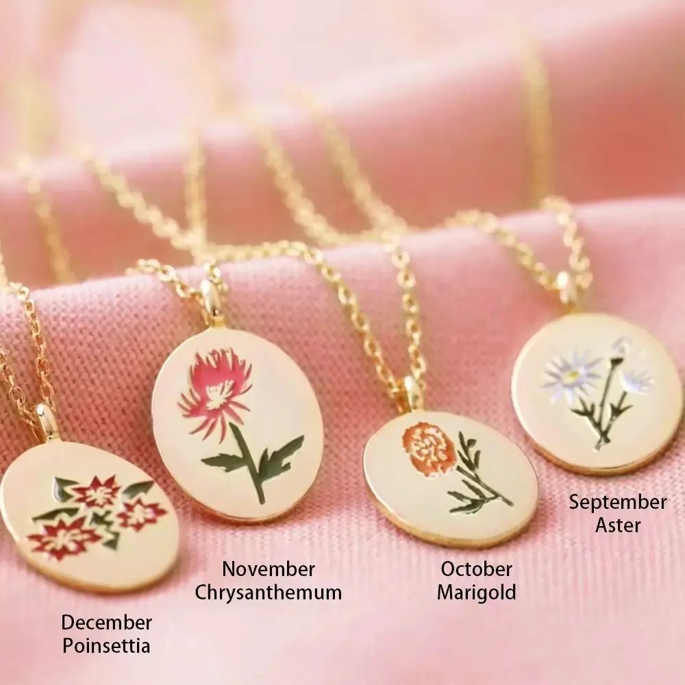 Collar de flores Birth Flower18K Gold Plated Stainless Steel Necklace Engraved Colorful 12 Month Flower Oval Pendant Necklace