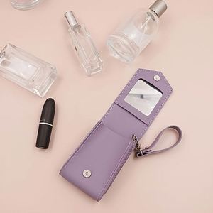 Korean Portable Magnetic Closure PU Leather <b>Lipstick</b> Organizer Bag Wristlet Keychain Compact Lip Gloss Pouch Mirror Chains - Product Image 5