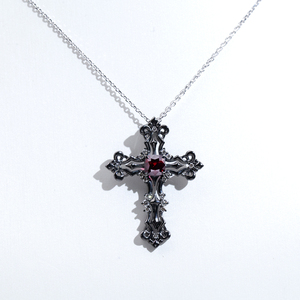 MSN-896 S925 Black Rhodium Cross With Lab Grown <b>Ruby</b> Gemstone Silver And Lab Grown Diamond Religious Pendant - Product Image 1