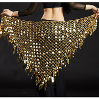 Foulard de danse orientale triangulaire en maille avec paillettes dorées et franges en forme de feuille, ceinture de taille pour femme, accessoires de costume de performance professionnelle