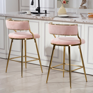 (SET of 2) 26'' Modern Counter <b>Height</b> <b>Bar</b> <b>Stools</b> with Back Corduroy Fabric Metal Base-Home <b>Bar</b> & Dining - Product Image 1