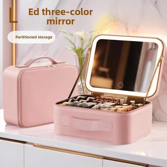 LED-Illuminated Leather Folding Makeup Case Portable Battery-Powered Mirror High-End Multi-Function Large-Capacity Cosmetic Bag