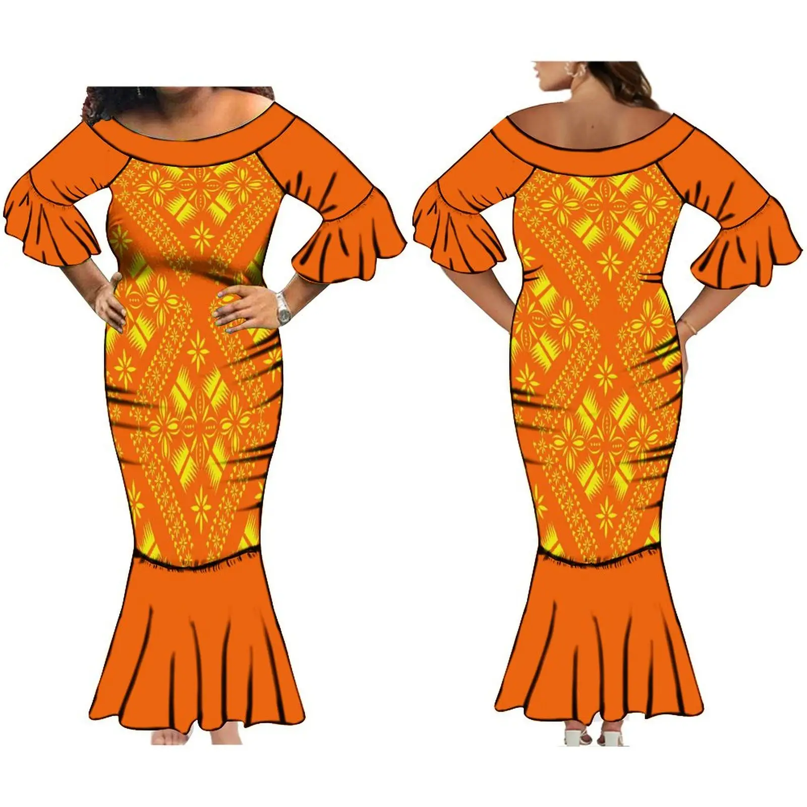 Venta caliente sirena Noche vestidos de graduación mujeres personalizado polinesio Maxi Fishtail vestido de talla grande volante manga señoras isla vestido