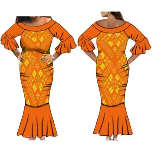 Hot Selling Mermaid Evening Prom Dresses Women Custom Polynesian Maxi Fishtail Dress Plus Size Ruffle Sleeve Ladies Island Dress