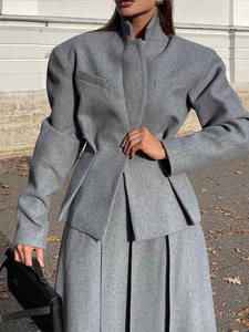 <span class=keywords><strong>Gris</strong></span> Femmes Regular Fit Anti-Shrink Full-Length Coat Top Polyester <span class=keywords><strong>Jupe</strong></span> Suit Waist-Cinching Small ELEGANT Button Two-Piece Set - Product Image 5