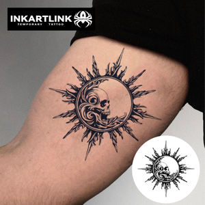 INKARTLINK Pegatina <span class=keywords><strong>de</strong></span> <span class=keywords><strong>tatuaje</strong></span> gótico <span class=keywords><strong>de</strong></span> calavera y luna, efecto rayos <span class=keywords><strong>de</strong></span> sol y estrellas, semipermanente <span class=keywords><strong>de</strong></span> 15 días, arte corporal para brazo y pierna, venta al por mayor - Product Image 1