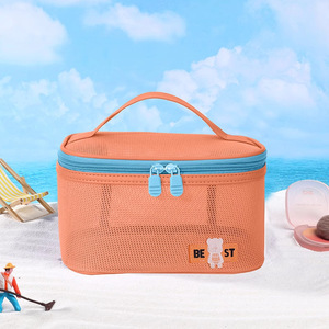 Mesh Makeup Bag Large Capacity Portable Round <b>Toiletry</b> <b>Storage</b> Bag For Women Travel Bathroom Use Gray Orange Sky Blue Purple - Product Image 5
