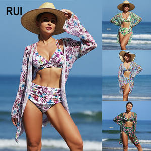 RUIQUWIN Ensemble de bikini 3 pièces personnalisable pour femme grande taille, taille haute, effet push-up, avec logo floral en maille sur le devant, maillot de bain écologique - Product Image 1