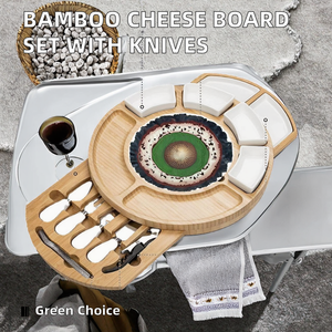 Plateau à fromage rotatif en bambou avec tiroir à couteaux, plateau de charcuterie, grand plateau de service rond, cadeau de déménagement unique - Product Image 4