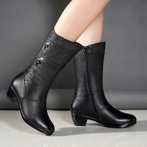 Bottes mi-<span class=keywords><strong>mollet</strong></span> en cuir noir en gros d'usine - Détail décoratif Talon bloc Quotidien Bureau Femme - Product Image 6