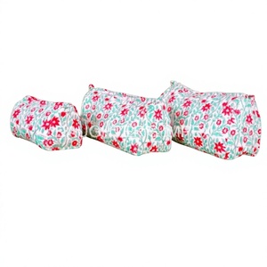 Bolso de maquillaje de algodón acolchado con estampado de bloque de mano indio Cremallera geométrica Estuche de tocador de mujer profesional para viajes Gris - Product Image 1