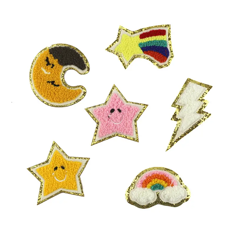 self-adhesive chenille embroidered patches with gold glitter stick on star moon flash bolt rainbow patches clothing