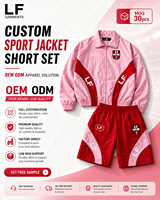 Set Jaket dan Celana Pendek Pria Warna Pink Merah Custom, Ritsleting Penuh, Panel Kontras, Pinggang Elastis, Pakaian Olahraga Retro, Streetwear