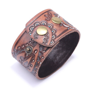 European American Style Men's <b>Leather</b> Cuff <b>Bracelet</b> Wide Embossed Punk Hip Hop Jewelry Antique Brown Geometric Design - Product Image 4