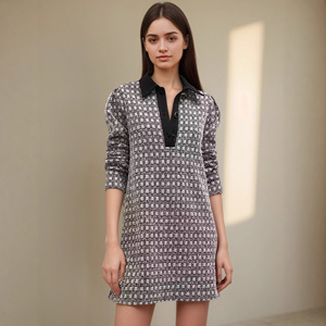 Mini Abito Estivo in Poliestere/Cotone Eco-Friendly con Scollo a V, Maniche Lunghe, Stile Francese, Fantasia Scozzese, Pizzo Intrecciato, Spalle Scoperte e Vita Impero - Product Image 1
