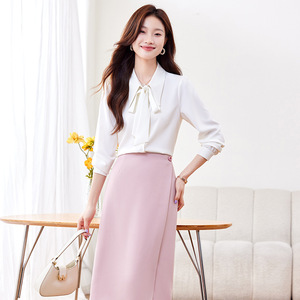 Women's Purple Satin Bow-Tie Blouse Long Sleeve Office Shirt Solid Color Fashion Top - Product Image 4