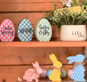 DM Easter Decoration Easter Bunny Wooden Craft Tabletop Rabbit Decor with Pink Blue Green Easter Eggs for Desk Decor - Product Image 1