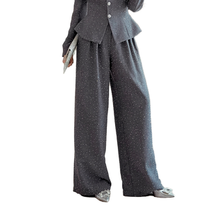 Pantalon droit formel gris respirant tissé à boutons pour femme ZYHT 35365, taille haute, design plissé, tissu polyester/spandex, automne - Product Image 1