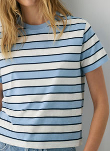 <span class=keywords><strong>T</strong></span>-<span class=keywords><strong>shirt</strong></span> rayé décontracté personnalisé pour <span class=keywords><strong>femme</strong></span>, en coton, coupe classique, col rond, tricot doux, motif rayures bleues et blanches, séchage rapide, idéal pour l'é<span class=keywords><strong>t</strong></span>é - Product Image 4