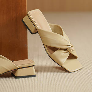 Summer Korean Style Genuine Leather Fashion Trend Comfortable Simple Slip-On Square-Toe Chunky Low-Heeled <b>Crossover</b> Ankle Strap - Product Image 3