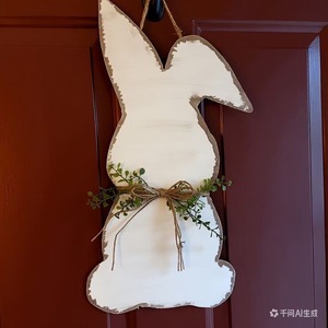 Vintage Easter Bunny Door Hanging White Wooden Rabbit Decoration With Green Leaf Indoor Easter Decor - Product Image 2