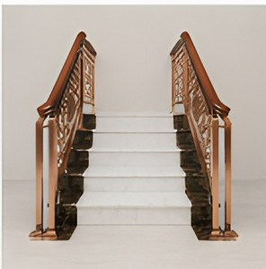 Luxury Rose Gold Stair Railing with Ornate Floral Design Wooden <b>Handrail</b> and Marble <b>Steps</b> for Modern Home Interior - Product Image 2