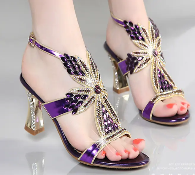 New high-heeled rhinestone sandals women's summer mid-heel Roman fish mouth shoes fashion elegant thick heel leather trend