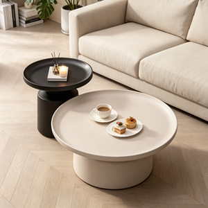 Nouvelle table basse ronde en crème avec base cylindrique intégrée, table d'appoint assortie avec plateau noir, table à thé minimaliste pour salon - Product Image 2