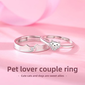 커플링 925 스털링 실버 고양이 강아지 디자인 지르콘 한 쌍 라이트 럭셔리 일본-한국 스타일 조절 가능 웨딩 파티용 - Product Image 1