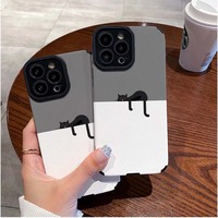 Coque de téléphone portable en cuir artificiel TPU souple avec impression de chat noir paresseux pour iPhone X Xr Xs 11 12 13 14 15 16 17 18 Pro Max