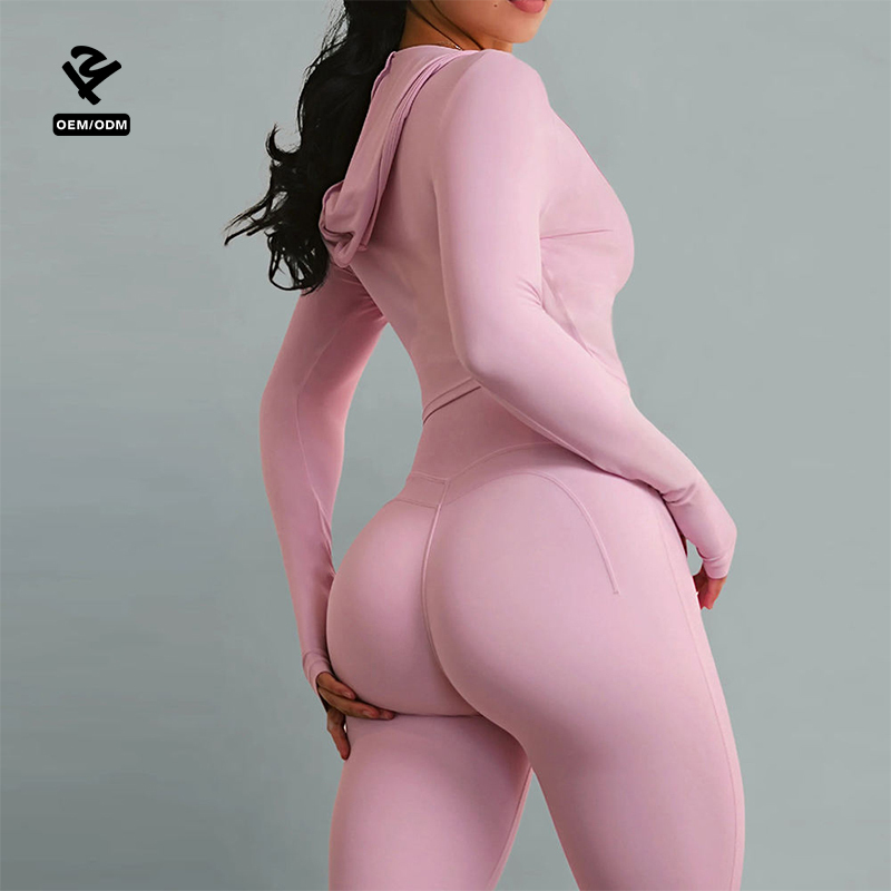 Custom Activewear Long Sleeve Hooded Tops Tummy Control Compression Workout Leggings For Women Yoga Matching Gym Fitness Sets