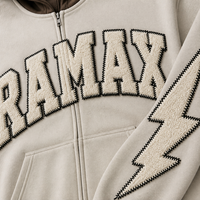 Ensemble de survêtement en molleton épais RAMAX avec broderie Lightning, capuche contrastante beige et marron, coupe oversize, vente en gros, usine OEM