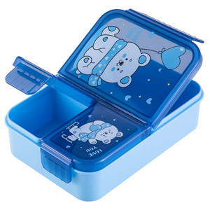 Qijia Childrens Bento <b>Box</b> With Compartment Plastic Lid <b>Microwave</b> Safe For School <b>Lunch</b> Storage Blue Cartoon Bear Design - Product Image 1