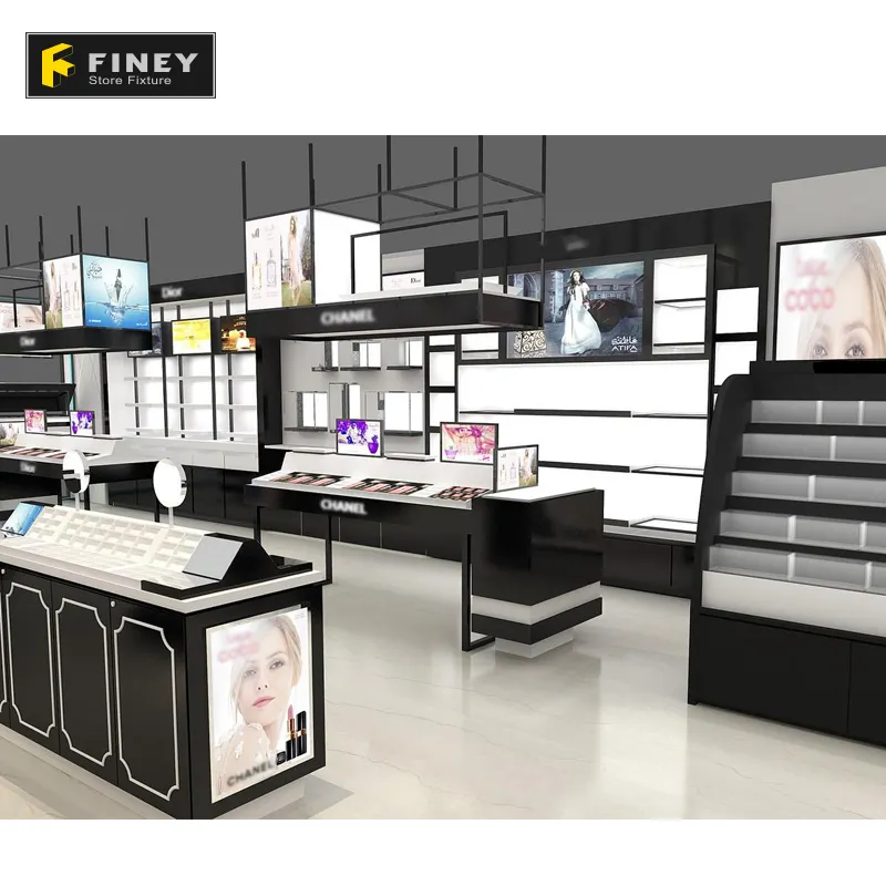 Özelleştirilmiş tasarım makyaj mağaza ekran fabrika doğrudan satış MDF sprey boya makyaj malzemesi teşhiri raflı Stand