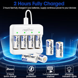 Rapthor Lot de 8 batteries au lithium rechargeables CR123A 3,7 V 750 mAh avec chargeur, compatibles avec les caméras Arlo, les lampes de poche et les capteurs - Product Image 5