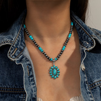 Kalung Wanita Gaya Koboi Barat Rantai Bambu Bunga Turquoise Sintetis Tembaga Gaya Etnik Vintage Populer
