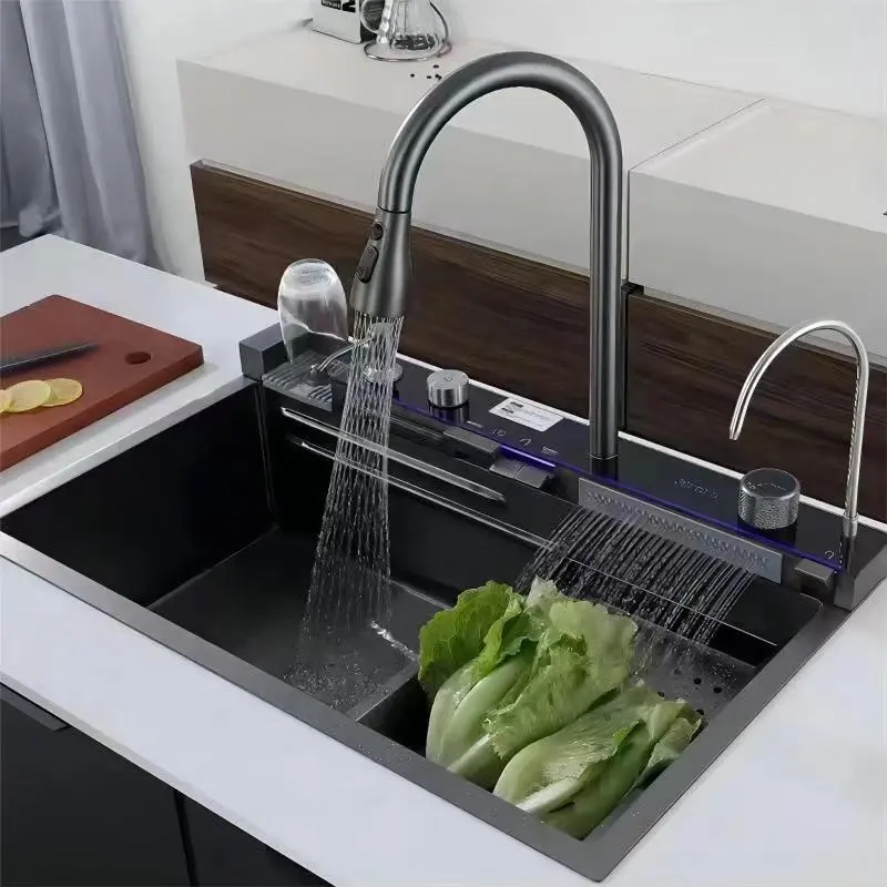 Phổ biến lớn khe cắm duy nhất đa chức năng chìm chống xước LED hiển thị kỹ thuật số thác nước bồn rửa nhà bếp với cup máy giặt