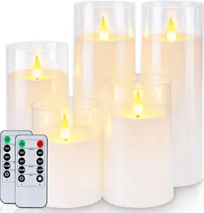 自制纯白色闪烁无焰蜡烛，带遥控器和定时器的电池供电丙烯酸发光二极管柱蜡烛