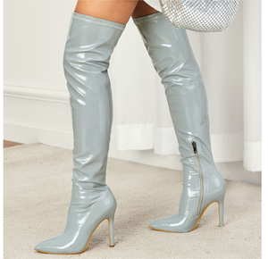 Bottes à talons pour femme, mode 2025, talons hauts en cuir verni, bottes mi-hautes pour femme - Product Image 6