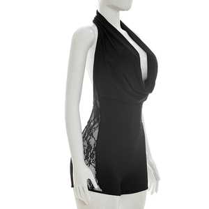 Viviblook J26RP157 Nouvelle Combinaison d'été pour femmes, sexy, couleur unie, col en V profond, patchwork, dentelle, combinaison décontractée pour femmes - Product Image 4
