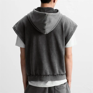 <span class=keywords><strong>Felpe</strong></span> <span class=keywords><strong>Senza</strong></span> Maniche da Uomo con Logo Personalizzato, Stile Vintage Lavaggio Acido Nero con Bordi Tagliati, Streetwear Effetto Vissuto - Product Image 3