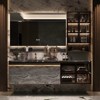 Kabinet Vanity Kamar Mandi Mewah dengan Cermin LED, Unit Vanity Gantung Dinding, Furnitur Kamar Mandi Modern untuk Rumah