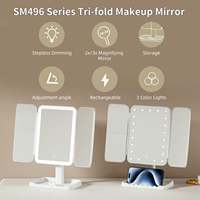 Miroir de Maquillage LED Pliant de Voyage 3 Voies avec Éclairage, Grossissement 2X 3X, Blanc, pour Table, Cosmétique, Trifold