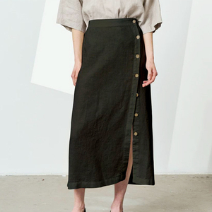 <span class=keywords><strong>Gonna</strong></span> Enyami in Lino e Cotone, Dritta e Ampia, Beige e <span class=keywords><strong>Nera</strong></span>, da Donna, Primavera-Estate, per Ufficio e Casual, <span class=keywords><strong>con</strong></span> <span class=keywords><strong>Spacco</strong></span> Posteriore e Bottoni - Product Image 4