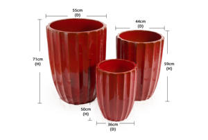 Ensemble de pots à fleurs en céramique de style américain, finition brillante bordeaux, texture côtelée verticale, pour intérieur, extérieur, maison, jardin, patio, décoration - Product Image 2