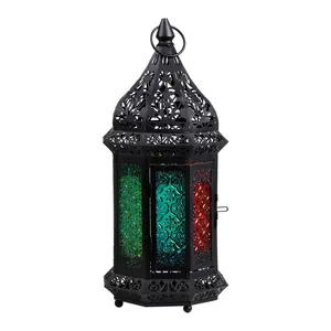 FAROL DE VELA marroquí para decoración del hogar, farolillos de vela de Metal antiguo de vidrio de colores para interiores y exteriores, farolillos de uso en jardín.