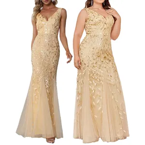 Custom Sexy Dubbele V-Hals Fishtail Goud Formele Lovertjes Avond Bruiloftsgast Vrouwen Hoge Kwaliteit Elegante Lange Maxi Feestjurken